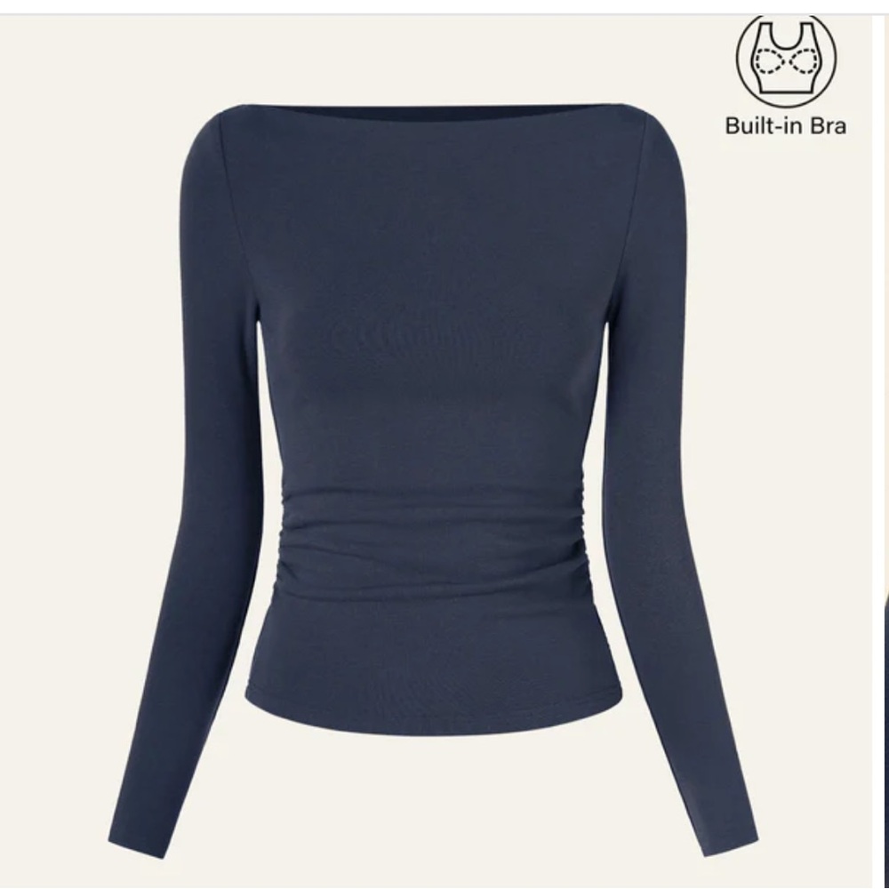 OGL Navy Side Ruched Boatneck Brami Top Long Sleeve Top Size S Built In Bra